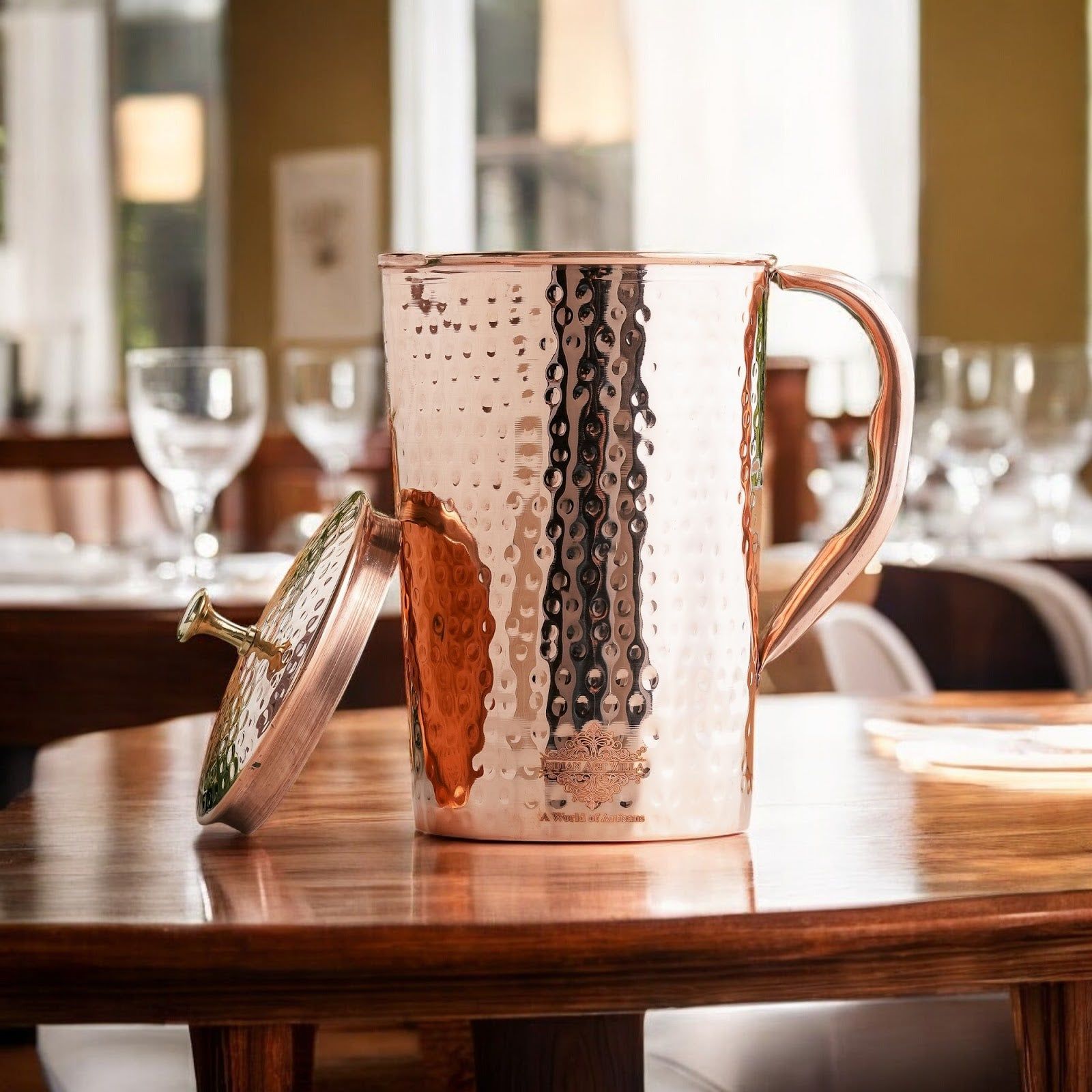 Pure copper hammered antique design jug, pitcher with brass knob on lid hammered, 2000 ML